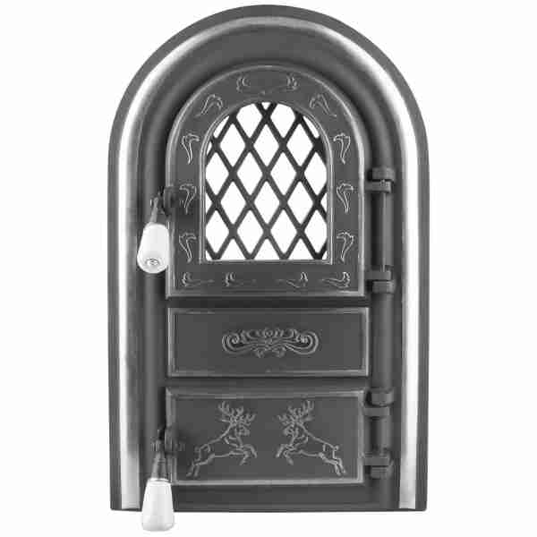 Ușă șemineu cerbi cu ornamente argintii, cu geam, 555 x 345 mm (Lxh)