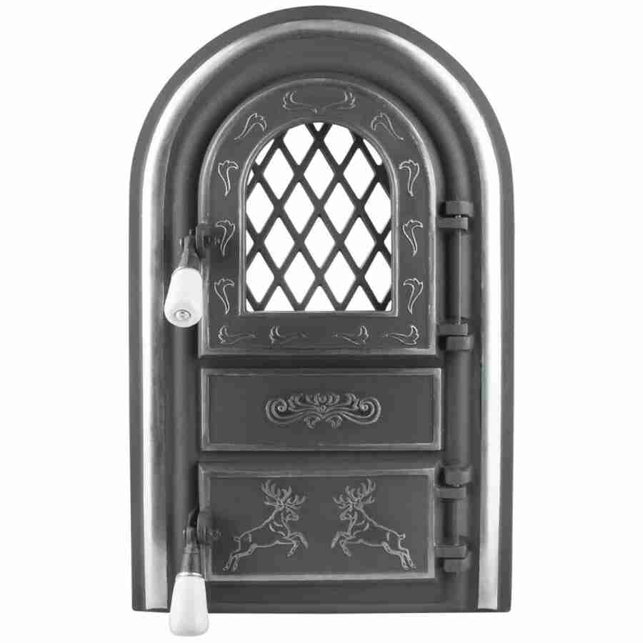 Ușă șemineu cerbi cu ornamente argintii, cu geam, 555 x 345 mm (Lxh)